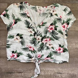Tropical/Floral Print Tie-Up Button Up Blouse